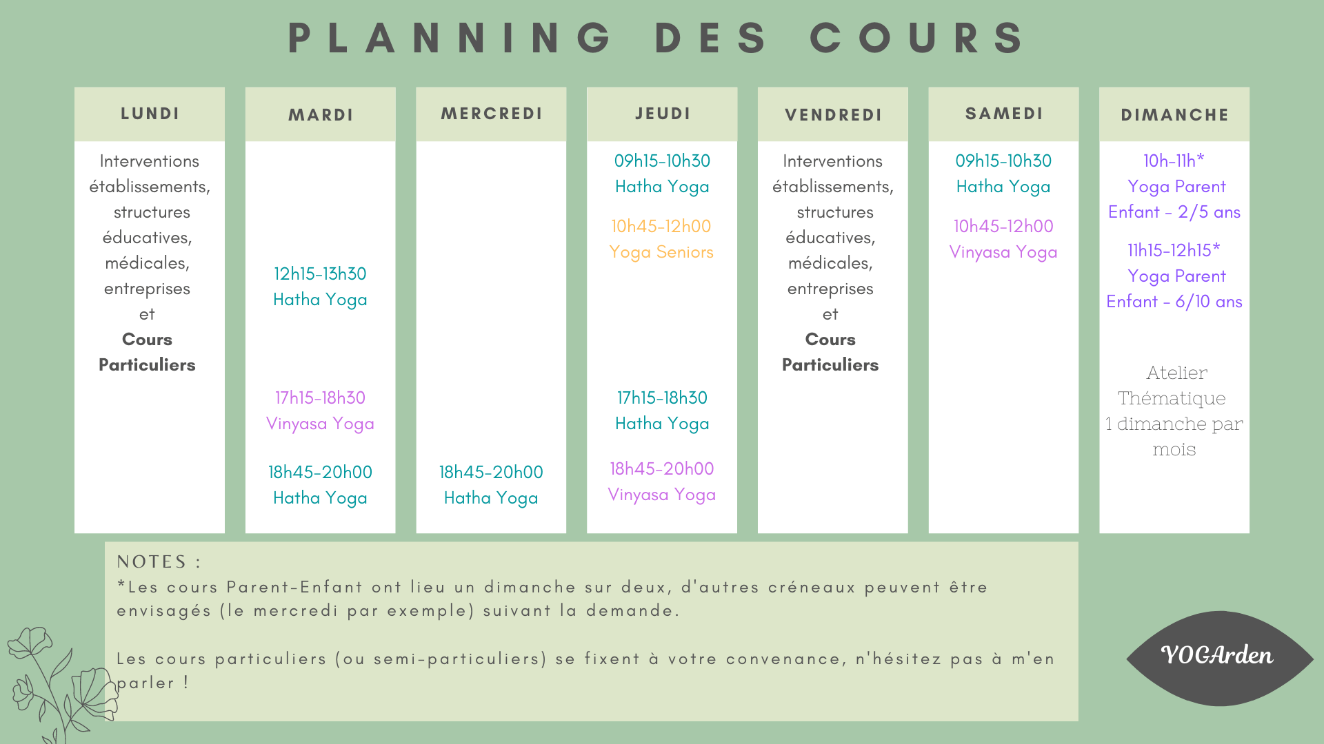 Planning des cours de Rentrée planning cours yoga